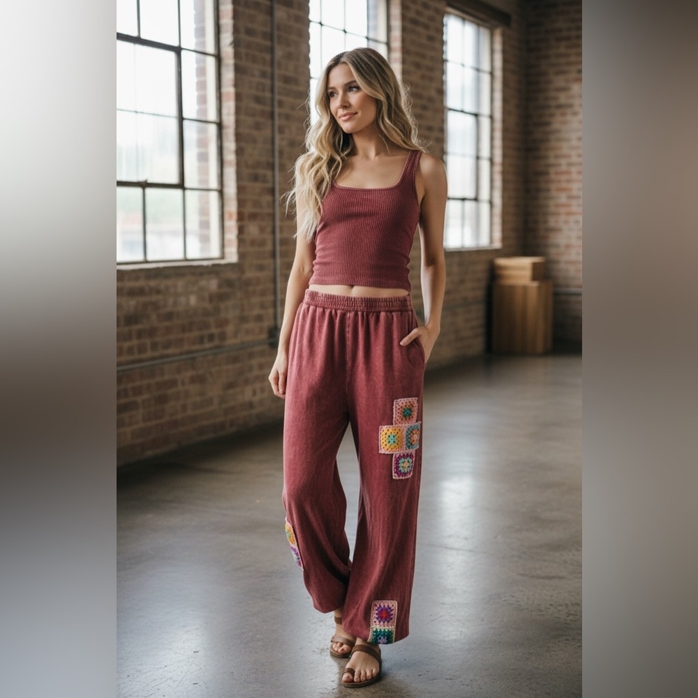 J.Her J. Her Mineral Washed Granny Tile Crochet Detailed Jogger Pants - Picture 3 of 9